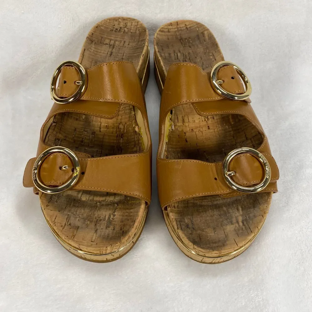 Michael Kors‎ Tan Leather Double Buckle Cork Platform Sandals Slides Sz 7-flaw